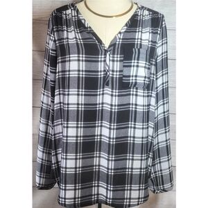 Pleione Women's Blouse Size S Black White Plaid Pocket Pullover Highlow Top